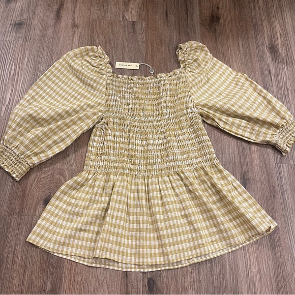 MAX STUDIO Top XL Smocked Yellow Gingham Plaid Puff Sleeve Ruffle Cottagecore - Picture 2 of 8